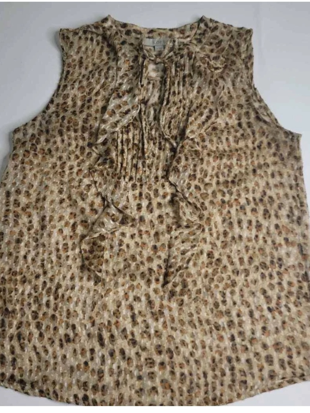 LOFT Sleeveless Sheer Ruffle Front Blouse Leopard Print Woman’s Size MP | EUC